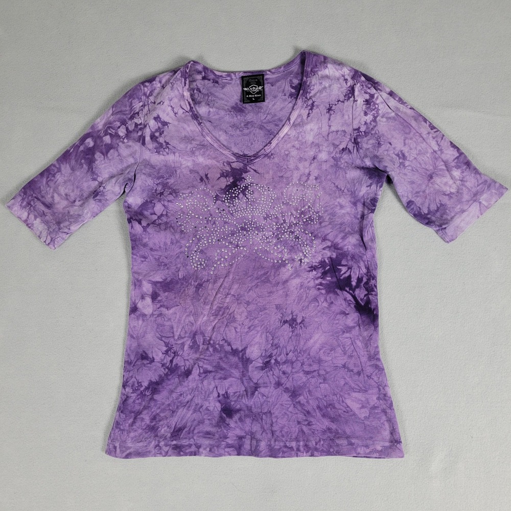 Sledge USA Top Womens L Purple Tie Dye Rhinestone Butterfly Slim Fit Cotton